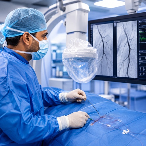 Interventional Radiologist in Delhi Dr. Akash Bansal performing a minimally invasive image-guided procedure
