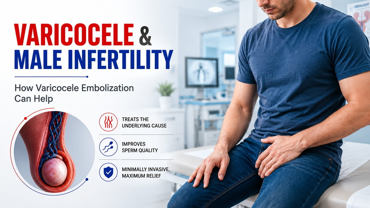 Varicocele and male infertility with varicocele embolization treatment illustration